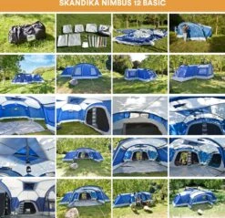 Skandika Nimbus Sleeper 12 Tent – Koepeltenten – 12 Persoons Familietent - Campingtent – Muggengaas – Sleeper Technology (3 Extra Donkere Slaapcabines) – 760 X 630 X 215 Cm (LxBxH) – 5000 Mm Waterkolom – Camping, Tuin – Kamperen – Blauw/wit -Buitenkampeer Winkel 1200x1162 2