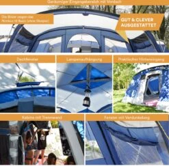 Skandika Nimbus Sleeper 12 Tent – Koepeltenten – 12 Persoons Familietent - Campingtent – Muggengaas – Sleeper Technology (3 Extra Donkere Slaapcabines) – 760 X 630 X 215 Cm (LxBxH) – 5000 Mm Waterkolom – Camping, Tuin – Kamperen – Blauw/wit -Buitenkampeer Winkel 1200x1182 5