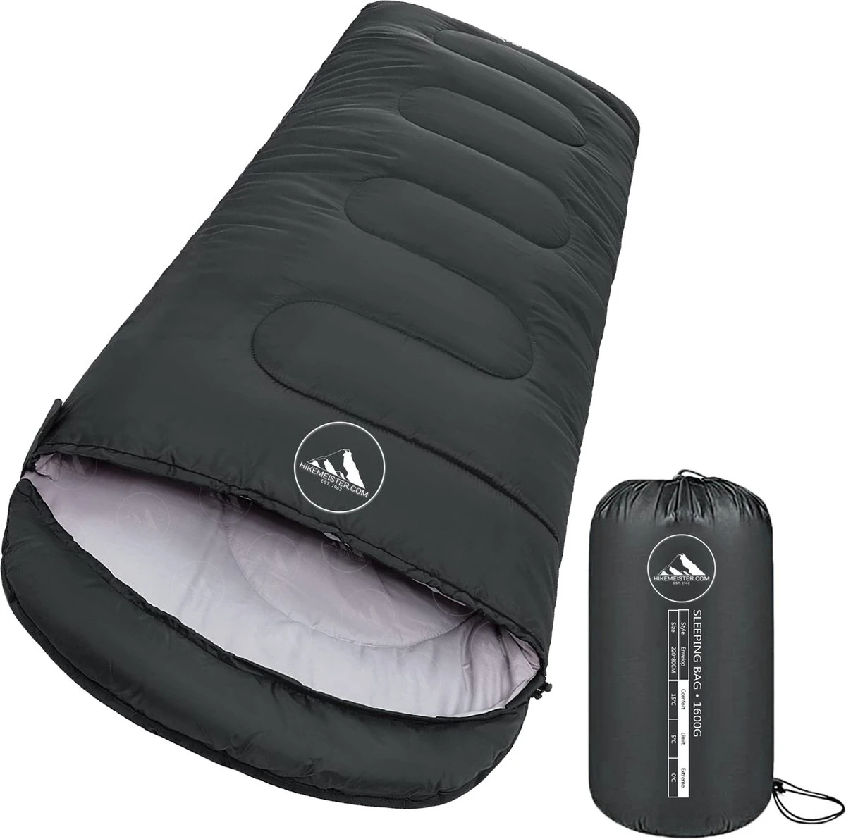 HikeMeister Mummy Slaapzak 1600 Gram - Kamperen - Zwart - Ca. 220 X 80 Cm - Met Binnenzak - Comfortzone: 0-15 Graden - Draagtas 1 HikeMeister Mummy Slaapzak 1600 Gram - Kamperen - Zwart - Ca. 220 X 80 Cm - Met Binnenzak - Comfortzone: 0-15 Graden - Draagtas