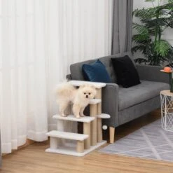 PawHut Huisdierentrap Met Krabpaal Bal 4 Treden Kattentrap Dierentrap Pluche Jute D06-093 -Buitenkampeer Winkel 1200x1200 524