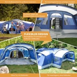 Skandika Nimbus Sleeper 12 Tent – Koepeltenten – 12 Persoons Familietent - Campingtent – Muggengaas – Sleeper Technology (3 Extra Donkere Slaapcabines) – 760 X 630 X 215 Cm (LxBxH) – 5000 Mm Waterkolom – Camping, Tuin – Kamperen – Blauw/wit -Buitenkampeer Winkel 1200x1200 599