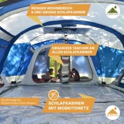 Skandika Nimbus Sleeper 12 Tent – Koepeltenten – 12 Persoons Familietent - Campingtent – Muggengaas – Sleeper Technology (3 Extra Donkere Slaapcabines) – 760 X 630 X 215 Cm (LxBxH) – 5000 Mm Waterkolom – Camping, Tuin – Kamperen – Blauw/wit -Buitenkampeer Winkel 1200x1200 600