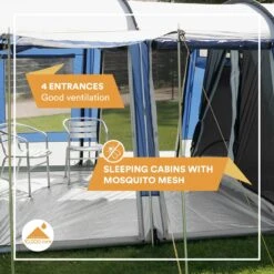 Skandika Montana 8 Tent – Tunneltenten – 8 Persoons Tent – Campingtent – 200 Cm Stahoogte – 2-4 Slaapcabines - Muggengaas – Familietent – 4 Ingangen – 700 X 310 X 200 Cm (L X B X H) - 5000 Mm Waterkolom – Outdoor, Camping – Kamperen – Blauw -Buitenkampeer Winkel 1200x1200 668