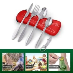 Roestvrij Staal Bestek (kampeerset) – Draagbare Reislepels, -vork En -mes Voor Festivals, Camping Of Trektochten - Wordt Geleverd Met Een Neopreen Draagtasje Met Een Lichtgewicht Flesopener -Buitenkampeer Winkel 1200x1200 797