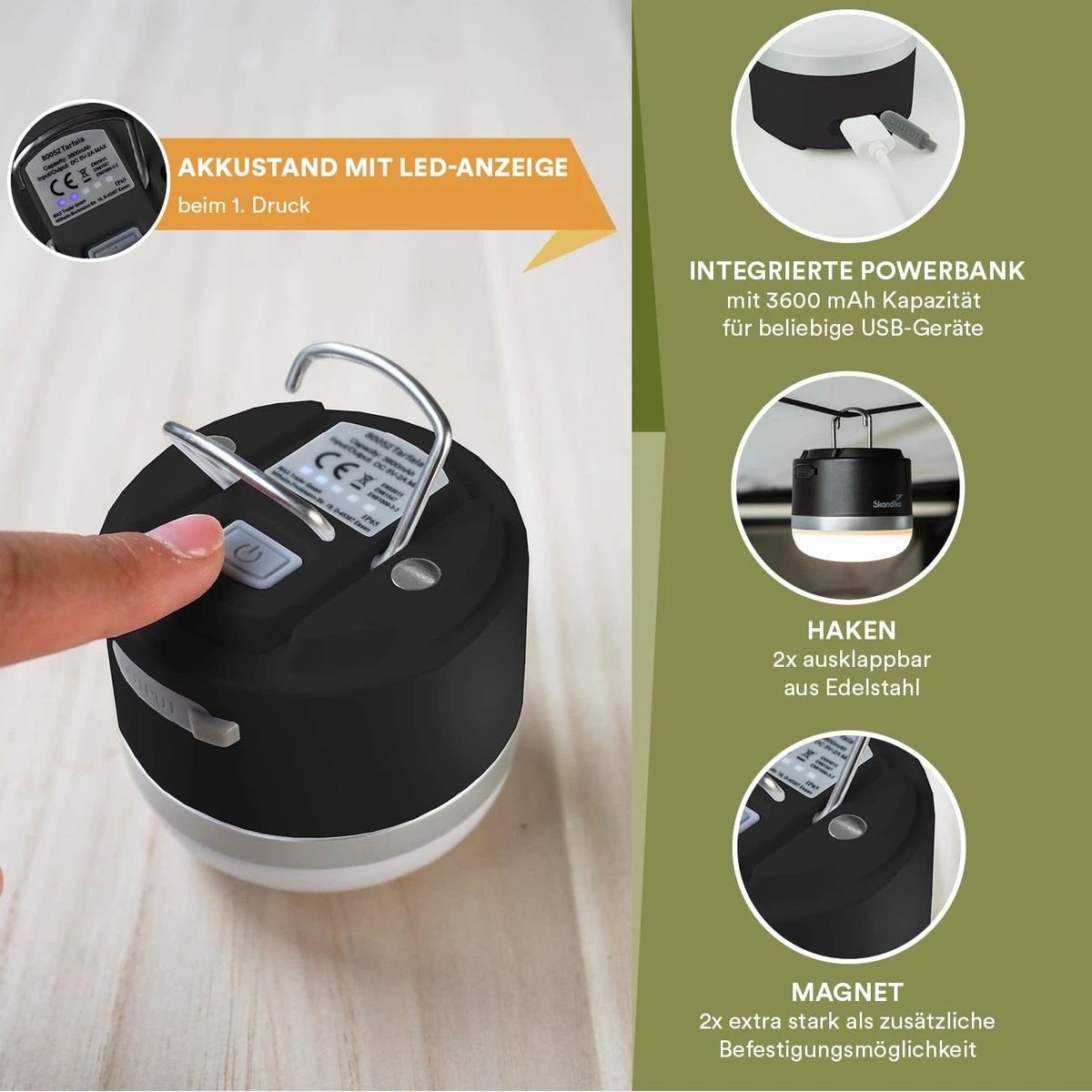 Skandika Campinglamp Tarfala – Tentlampen – Campinglampen – Kampeerlamp – Tentlamp Oplaadbaar, Traploos Dimbaar, Ophanghaak, USB Aansluiting – 3600 MAh Powerbank – Warm Wit, Koel Wit, 110 H Batterij – Tentlamp Buiten – Energieklasse A ++ - Zwart 4 Skandika Campinglamp Tarfala – Tentlampen – Campinglampen – Kampeerlamp – Tentlamp Oplaadbaar, Traploos Dimbaar, Ophanghaak, USB Aansluiting – 3600 MAh Powerbank – Warm Wit, Koel Wit, 110 H Batterij – Tentlamp Buiten – Energieklasse A ++ - Zwart - Afbeelding 4